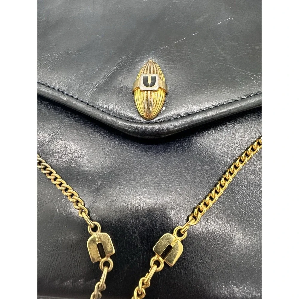 Vintage Emanuel‎ Ungaro Black Leather Chain Shoulder Bag Gold Logo Italy
